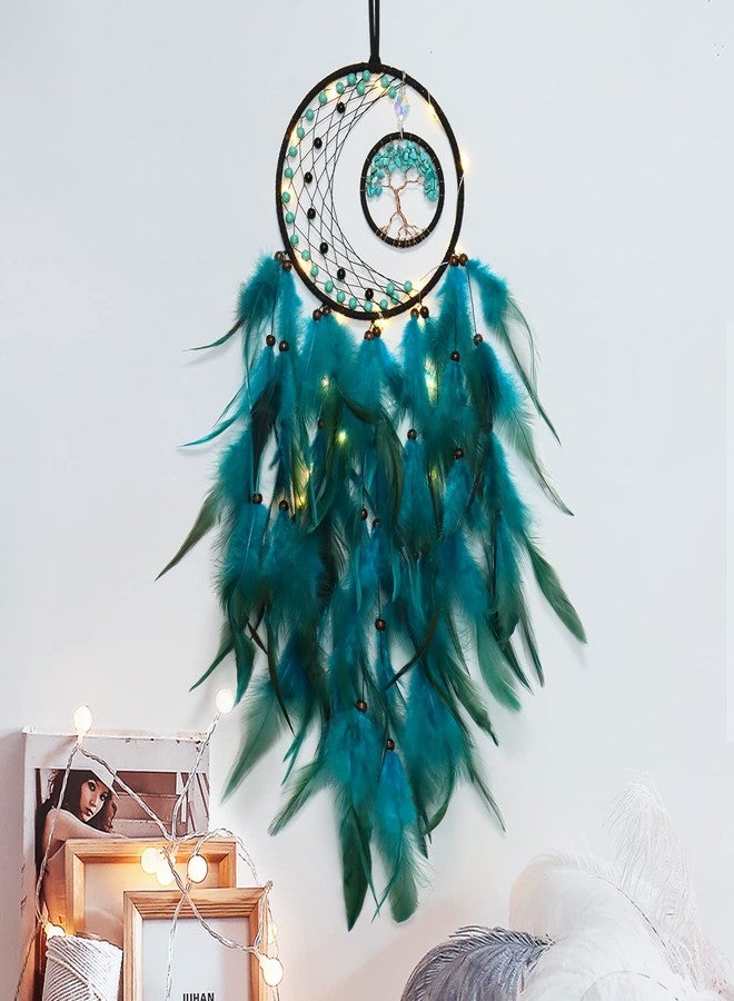 KHOYIME LED Dream Catcher Light Up Tree of Life Dreamcatcher with Healing Crystal Stone Handmade Feather Wall Hanging for Bedroom Bohemian Home Decor Wedding Ornament Craft Gift (Blue&Green) - Image 1